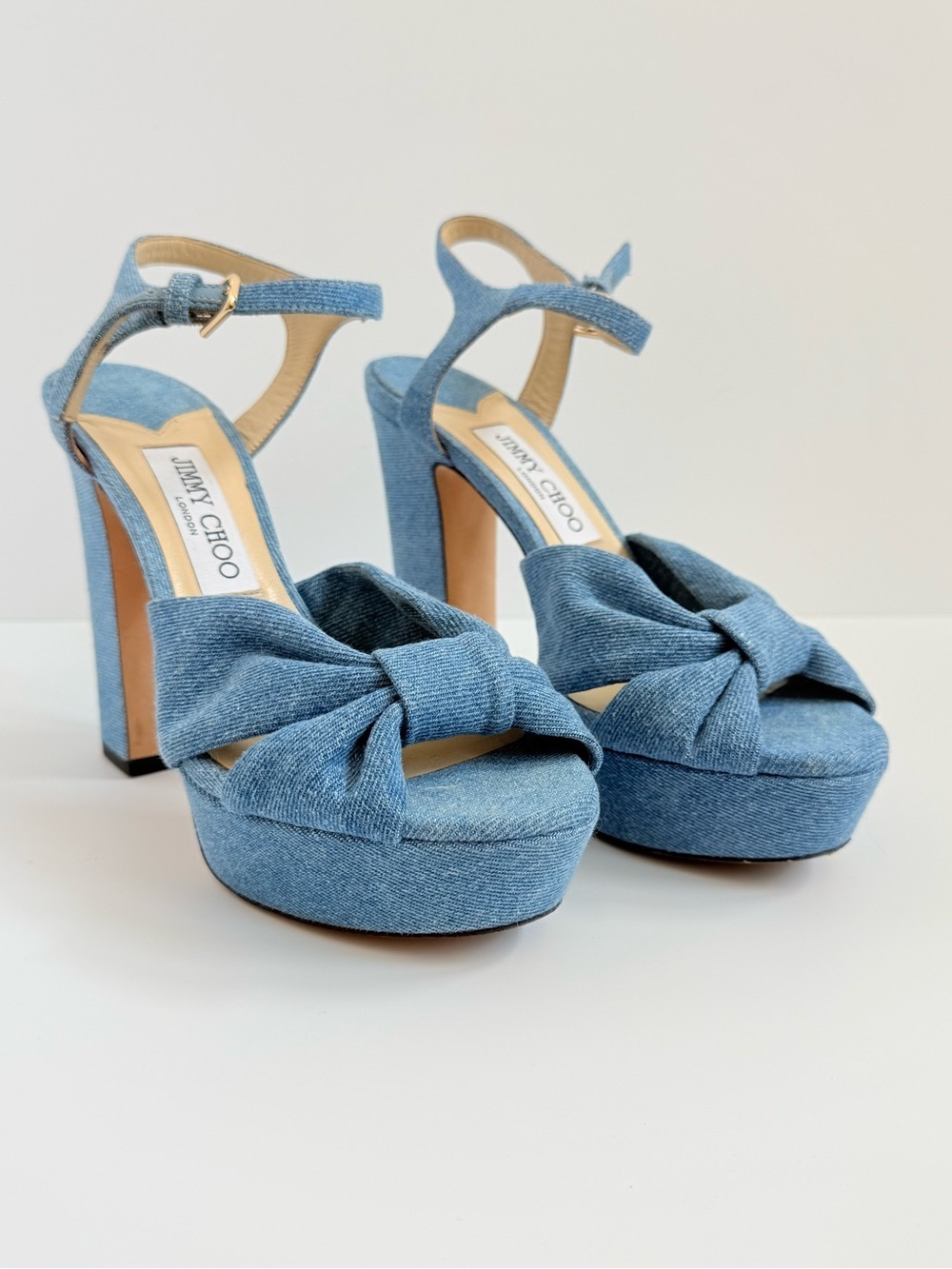 Jimmy Choo Heloise 120 Denim Platform Sandals EU38.5 Blue Knotted Bow Block Heel